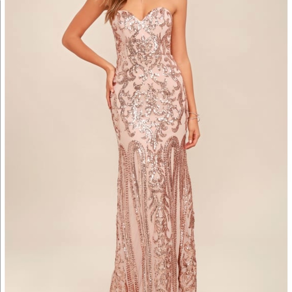 REBECCA ROSE GOLD STRAPLESS SEQUIN MAXI DRESS
